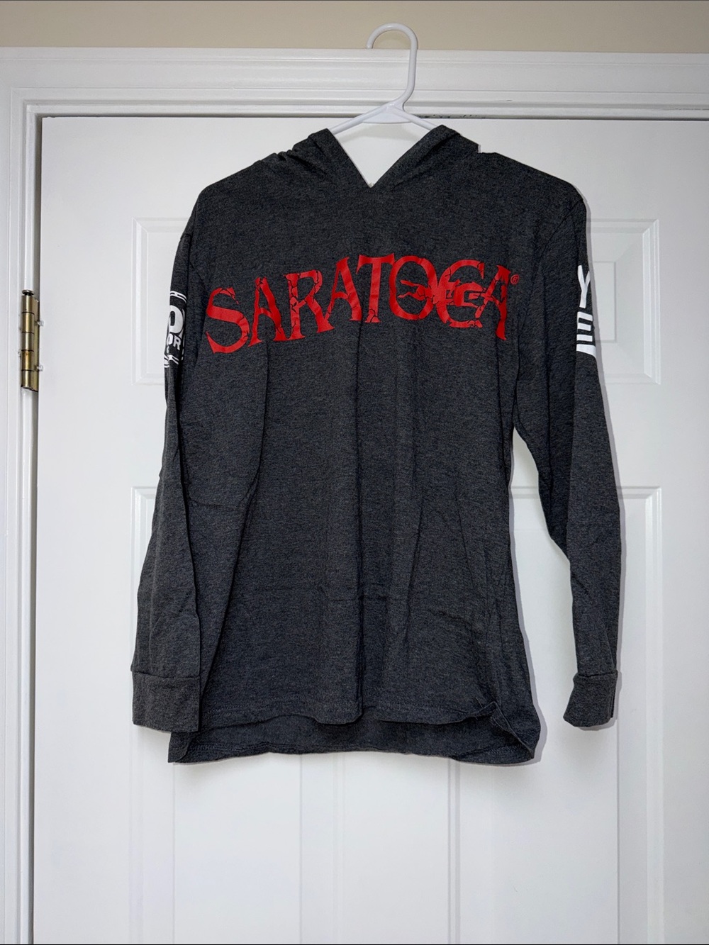 Saratoga Gray Hooded Pullover with Red Logo